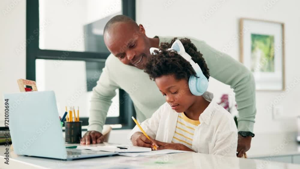 Father, child and laptop or helping with homework for elearning school at home for education, knowledge or studying. Man, son and headphones or notebook for online virtual class, tutor or development Father, child and laptop or helping with homework for elearning school at home for education, knowledge or studying. Man, son and headphones or notebook for online virtual class, tutor or development