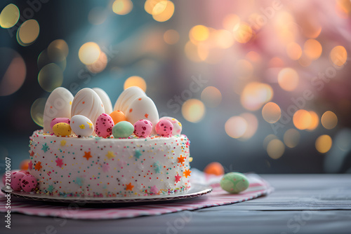 Cake with easter egg and decoration for Easter day on bokeh background.