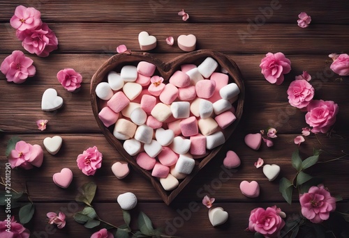  background flowers wood concept heart marshmallows shape decorated sweet