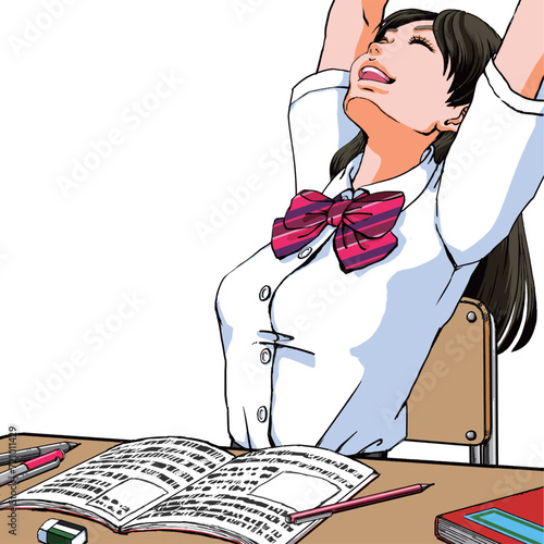 受験勉強がひと段落して伸びをする女子高生_夏服
