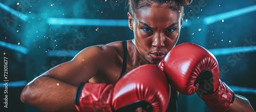 Female boxer throwing punches while wearing boxing gloves. © 2rogan