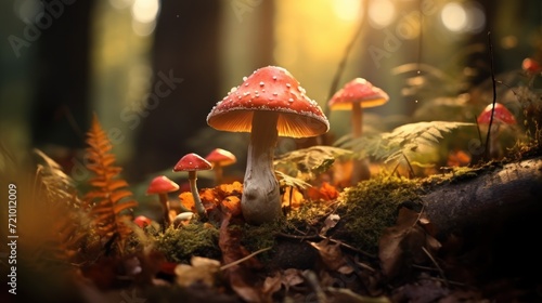 Fly agaric mushroom in the forest. Beautiful nature scene. Generative AI