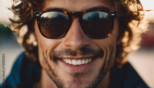 cinematic photo Extreme close-up, man with sunglasses, whitespace, smiling, natural light, realistic . 35mm photograph, film, bokeh, professional, 4k, highly detailed