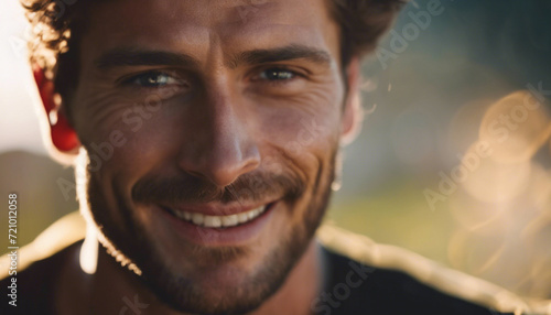 cinematic photo Extreme close-up  man breathing  whitespace  smiling  natural light  realistic . 35mm photograph  film  bokeh  professional  4k  highly detailed
