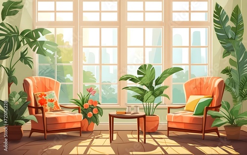 Cozy vector living room interior with large windows vector illustration