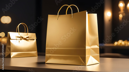 Blank golden paper bag for black friday, gold paper bag, luxury gift in fancy packaging, private sale, present for christmas, weddings, birthday, anniversary, store background table. ai 