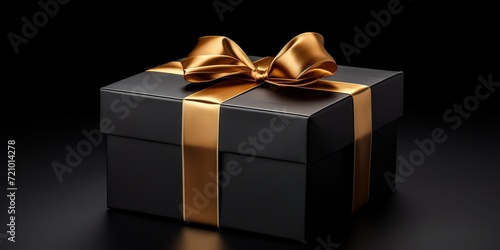 A black gift with a gold ribbon on a black background, birthday