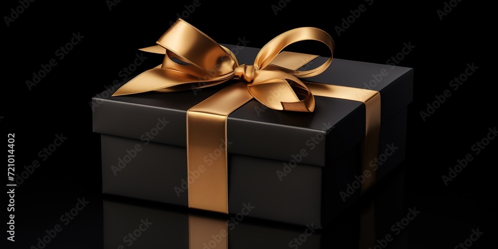 A black gift with a gold ribbon on a black background, birthday A black gift with a gold ribbon on a black background, birthday