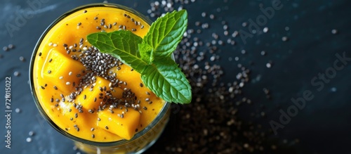 Post-workout treat consisting of chia seeds and mango puree for a wholesome lifestyle and sports nourishment.