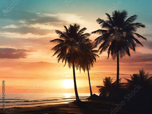 silhouette of a coconut tree on the beach  with a background of sunset light. design for poster  web  flyer  social media. ai generative design