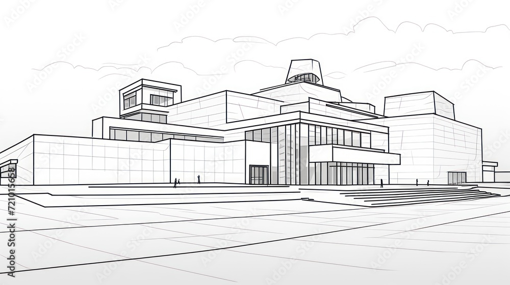 Minimalistic Art Drawing of a Modern Museum with Geometric Facade AI Generated