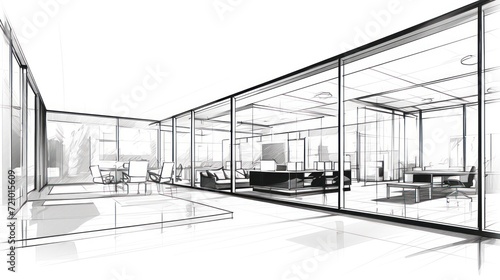 Minimalistic Drawing of Modern Architecture Firm Office with Glass Partitions AI Generated