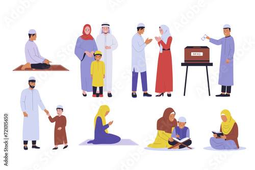 Muslim people activity illustration set collection. Vector flat illustration