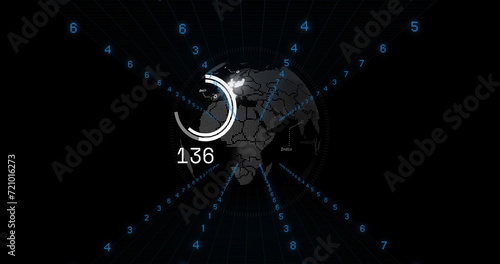 Image of data processing and globe over black background