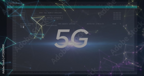 Image of 5g text and data processing with networks of connections on computer screen