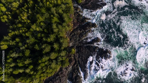 Drone video at sunset in Ucluelet British Columbia, Canada over the ocean and forest photo
