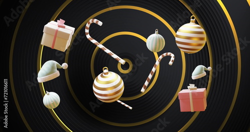 Christmas baubles, gifts and candy canes over gold concentric rings on black background