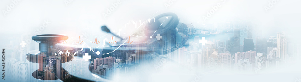 Obraz premium Healthcare business growth graph with global health network connection service on virtual screen. Medical technology and tourism, telemedicine, virtual hospital, healthcare and medicine background