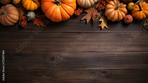 Autumn background with pumpkins, leaves and berries on dark wooden planks Generative AI