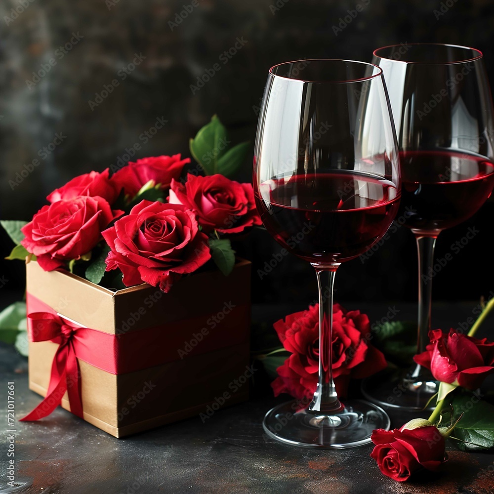 A bouquet of roses next to a wine divider with a gift box and two wine glasses holding wine. Generated AI A bouquet of roses next to a wine divider with a gift box and two wine glasses holding wine. Generated AI