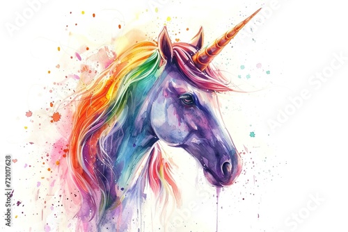 A whimsical watercolor illustration of a unicorn with a flowing mane and horn. The colorful design, mythical creature photo