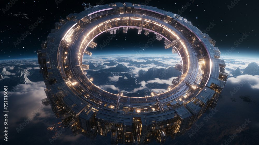 unveils a futuristic space habitat, a celestial marvel where sleek design meets cutting-edge technology, crafting a vision of humanity's harmonious coexistence with the cosmos.