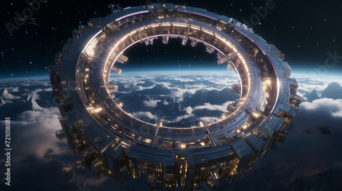 unveils a futuristic space habitat  a celestial marvel where sleek design meets cutting-edge technology  crafting a vision of humanity s harmonious coexistence with the cosmos.