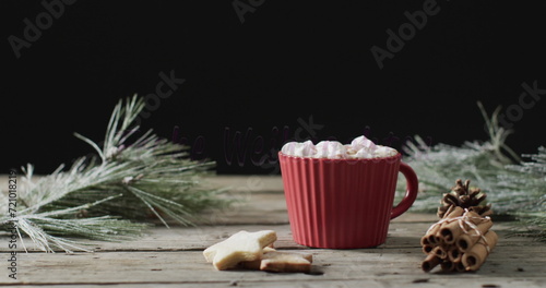 A cozy hot chocolate mug surrounded by festive decor