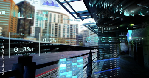 Image of financial data processing over city street