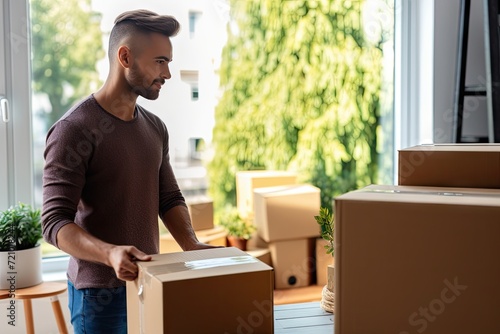  New Beginnings: Man Contemplating Room Filled with Moving Boxes in a Bright Home