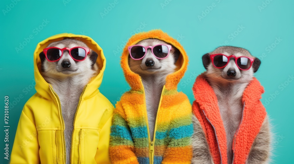 Funny lemurs in sunglasses and raincoat on blue background Generative AI