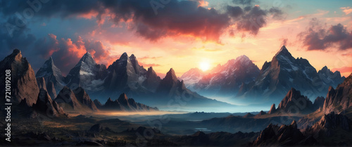 fantasy landscape of black rocky mountains under the sunrise sky. Abstract panoramic background.