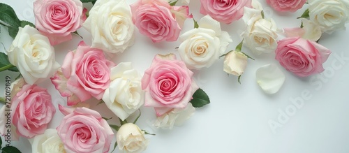 Top View of Pink and White Roses on a Beautiful White Background: Pink Roses, White Background, Top View of Roses photo