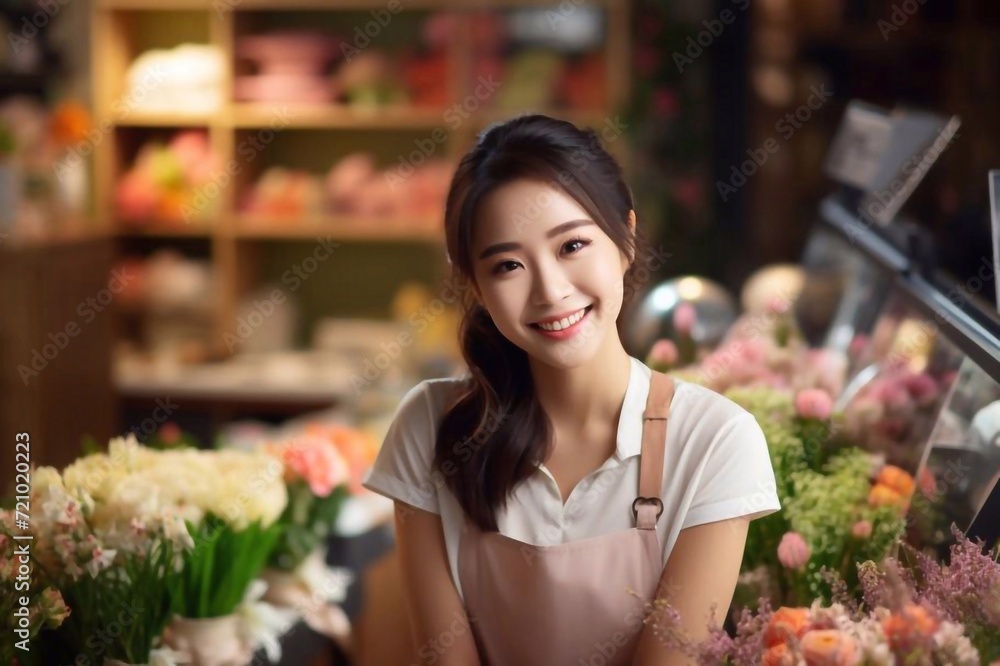 Asia people young woman SME owner happy smile arms crossed look camera enjoy open flower shop work at home office workspace. Loan money banking for online store seller. Girl power pride in sale order