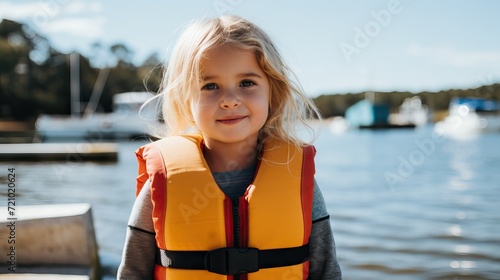 Portrait of a cute little girl in life jacket on the background of the sea Generative AI © Alex
