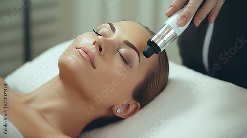 A young woman before a cosmetic procedure with dermapen, a cosmetologist holds dermapen c near the client's face, a woman takes care of the facial skin in a beauty salon