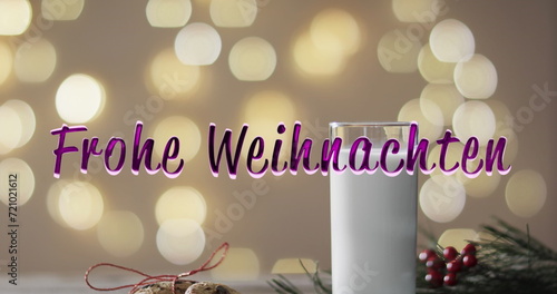 Frohe weihnachten text in purple over milk and cookies for father christmas and bokeh background