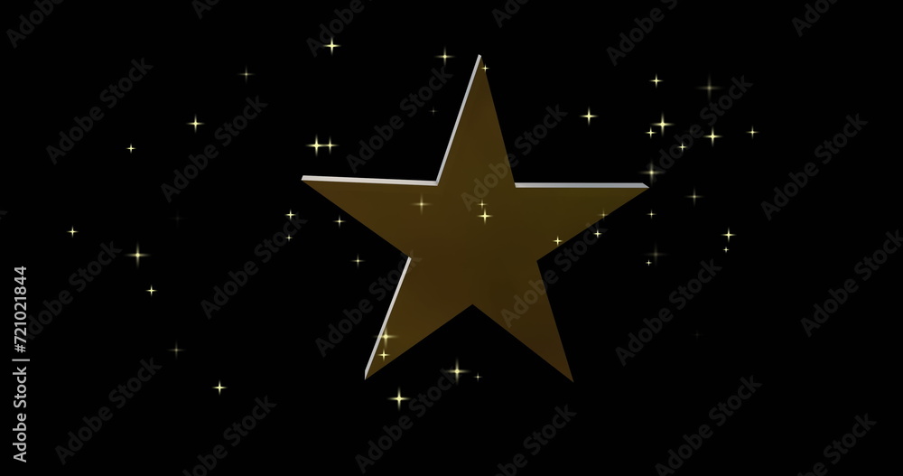 Gold christmas star rotating on black background with twinkling star lights Gold christmas star rotating on black background with twinkling star lights