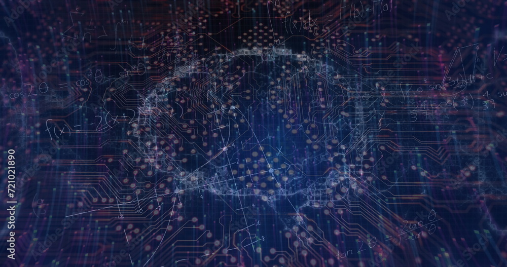 Image of data processing and network of connections over black background