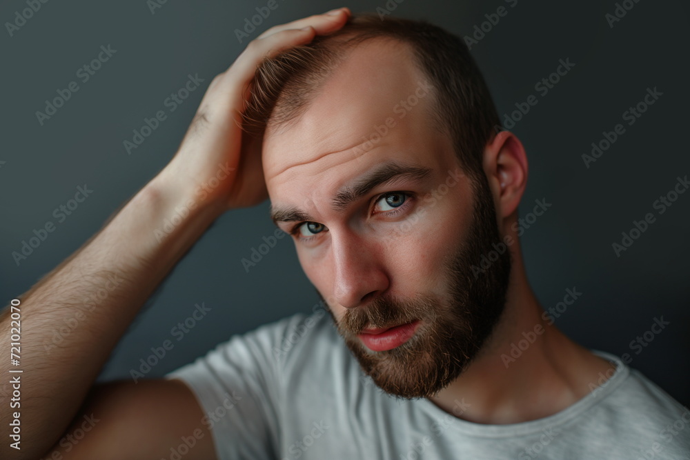 Closeup of a balding guy checking hair loss. Bearded man with alopecia looking at camera. Concept of male alopecia, ageing, baldness, balding, hair transplant. Closeup of a balding guy checking hair loss. Bearded man with alopecia looking at camera. Concept of male alopecia, ageing, baldness, balding, hair transplant.