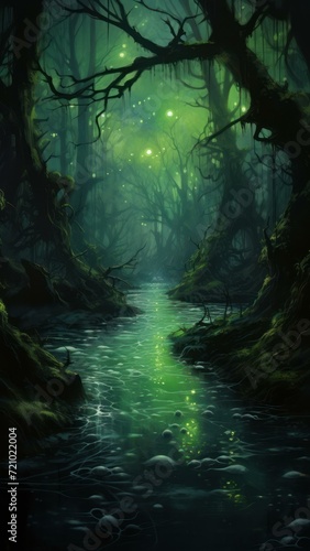 Mystical Swamp at Dusk with Glowing Will-o'-the-Wisps Generative AI © Alex