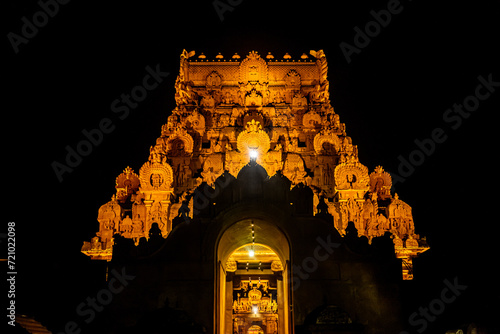 Night Time with Lightning - Tanjore Big Temple or Brihadeshwara Temple was built by King Raja Raja Cholan, Tamil Nadu. It is the very oldest & tallest temple in India. This is UNESCO's Heritage Site. photo