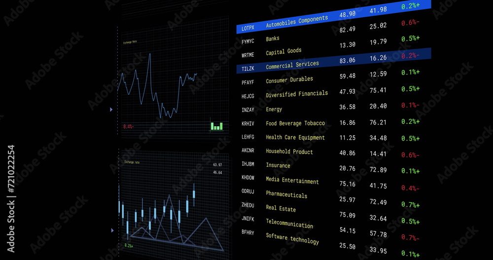 Image of financial data processing with screens over black background