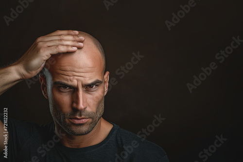 Close up of a brutal bald guy looking at camera on black background with copy space for text. Banner for male alopecia, male beauty, ageing, baldness, hair loss concept