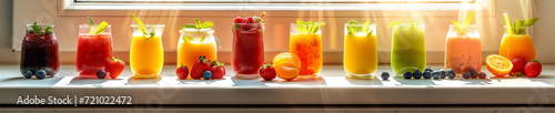 A photograph of an array of colorful organic smoothies and fresh juices  displayed in elegant glassware  vibrant colors of fruits like strawberries  oranges  blueberries.