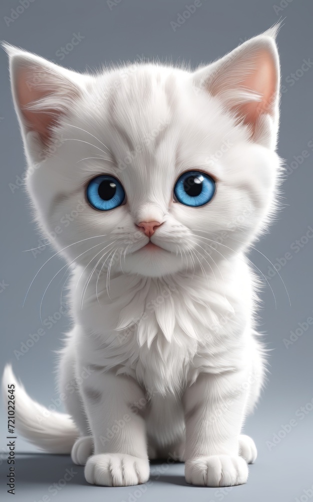 kitten big chibi blue eyes, cute fold little ears sitting look at camera