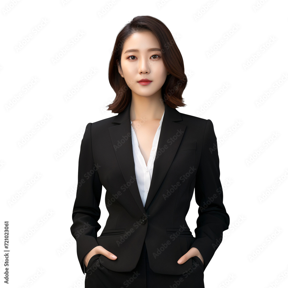 Portrait of a confident Korean businesswoman in suit, isolated on transparent background Portrait of a confident Korean businesswoman in suit, isolated on transparent background