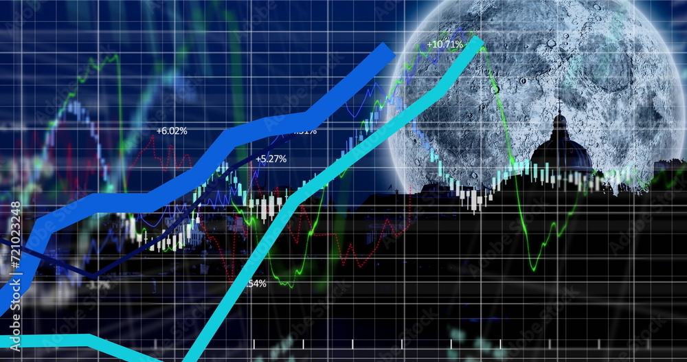 Image of financial data processing over cityscape and full moon Image of financial data processing over cityscape and full moon