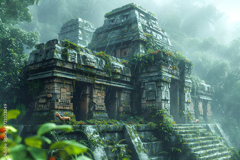 An ancient Mayan ruins with intricate stone carvings, surrounded by a lush jungle. Created with generative AI.