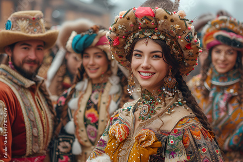 A colorful parade of diverse people dressed in traditional garments, accompanied by historical landmarks. Created with generative AI.